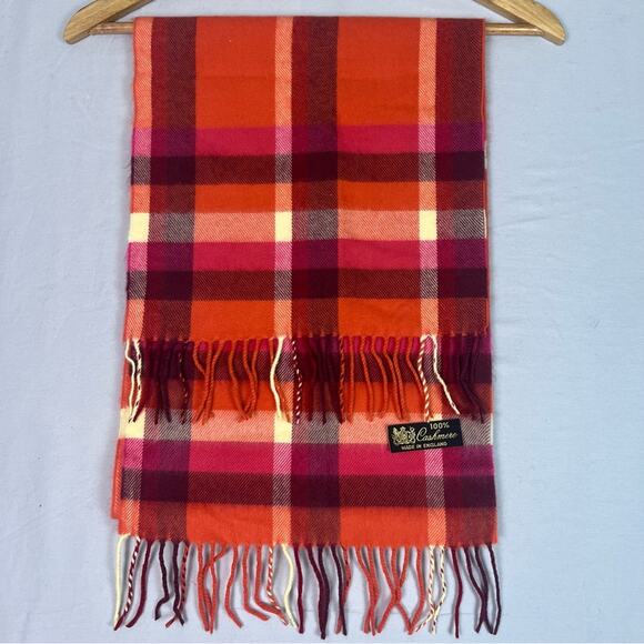 Cashmere Scarf Fringed Plaid Orange Red Made England Fall Winter Cozy Soft - Picture 3 of 8
